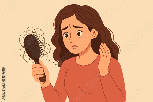 Stressed woman holding a brush with a clump of hair. Hair loss, alopecia, hair fall concept. Sad girl with a health problem and thinning hair. Trichology and dermatology concept. Vector.