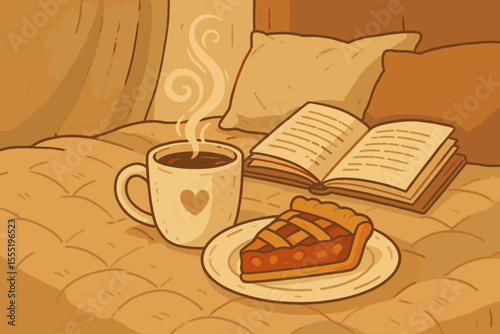 Cozy morning breakfast in bed with hot coffee, apple pie and a book. Relaxing home comfort concept. Hygge lifestyle and slow living. Vintage retro cartoon vector illustration.