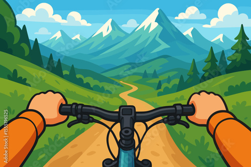 First-Person View of Cyclist Hands Gripping Bike Handlebars on Scenic Mountain Trail with Snow-Capped Peaks and Lush Green Forest Vector Cartoon Illustration