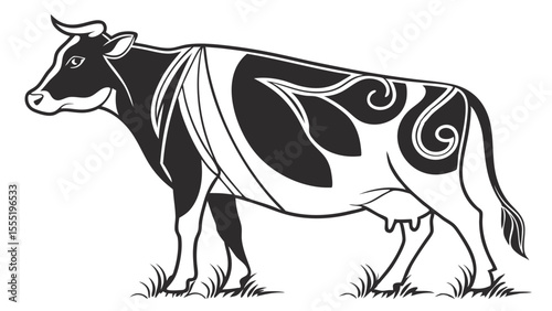 Stylized Black and White Cow Illustration with Decorative Markings.