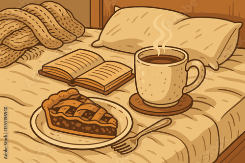 Cozy morning breakfast in bed with hot coffee, apple pie, and an open book. Hygge lifestyle concept for a relaxing lazy weekend. Vintage cartoon vector illustration.