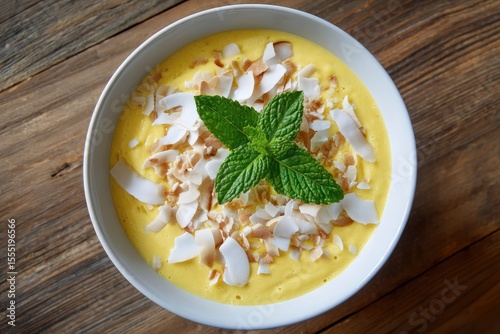 Tropical mango smoothie bowl topped with coconut shavings and mint, bright and fresh style