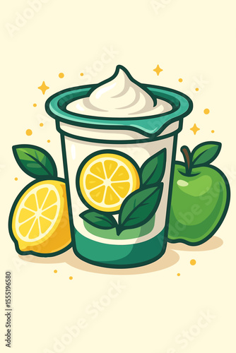 Fresh Yogurt Cup with Lemon, Green Apple, and Leaves for Detox Diet. Healthy Dairy Snack, Natural Ingredients, Vitamin C, Probiotic Food Concept. Cartoon Vector Illustration for Nutrition