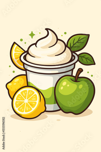 Fresh yogurt cup with lemon and green apple, detox diet concept, healthy probiotic snack, citrus fruit, cartoon vector illustration, natural ingredients, creamy dessert, clean eating