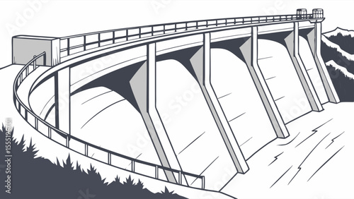 Stylized illustration of a concrete dam with surrounding landscape.