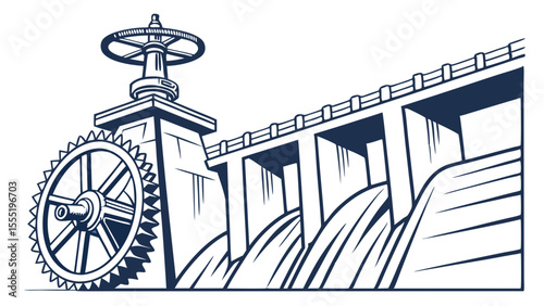 Stylized illustration of a dam with a large control wheel.
