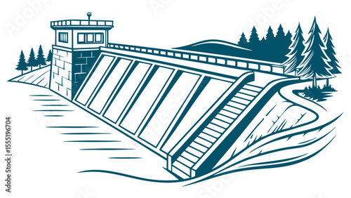 Stylized Illustration of a Dam and Surrounding Pines.
