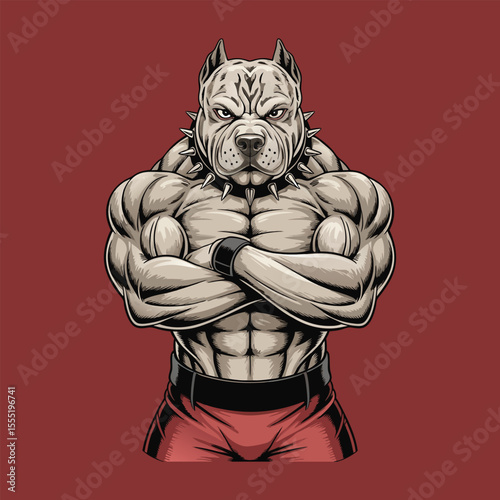 Muscular pitbull dog character with crossed arms wearing spiked collar illustration