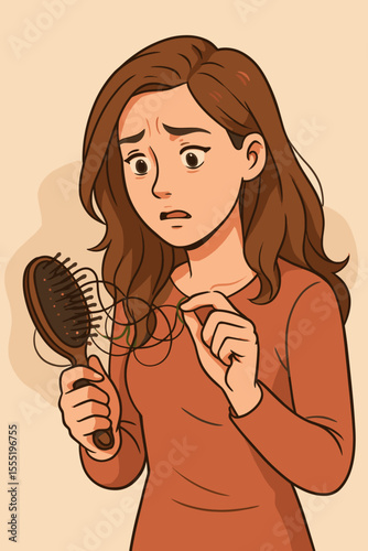Stressed woman discovering hair loss on her brush. Alopecia, hair thinning, and hair fall concept. Health problem, symptom of stress or vitamin deficiency. Vector cartoon illustration.