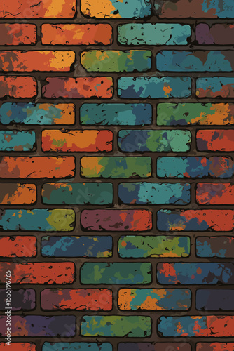 Colorful grunge brick wall background with an urban texture. Vector illustration of old, painted brickwork. Abstract street art pattern, distressed surface for creative design backdrop.