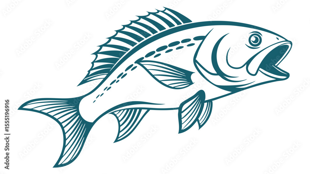 Fototapeta premium Stylized teal fish illustration with open mouth and detailed fins.