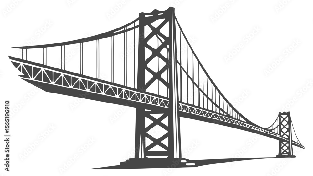 Fototapeta premium Stylized Silhouette Illustration of a Suspension Bridge with Cables and Towers.