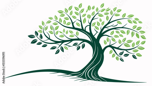 Stylized Tree Illustration with Green Leaves and Dark Green Trunk.