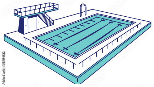 Stylized Swimming Pool with Diving Board Illustration in Blue and White.