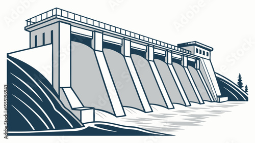 Vector Illustration of a Large Hydroelectric Dam Structure.