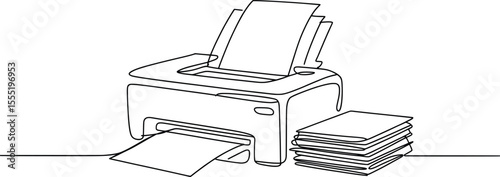 Printer Line Art Drawing, Minimal Office Printing Machine with Paper Stack.