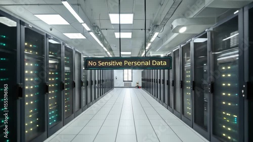 Secure Data Center Corridor - No Sensitive Personal Data - A long corridor in a modern data center with rows of server racks on either side.