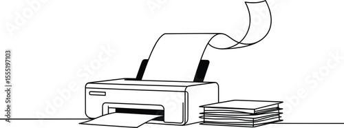 Printer Line Art Drawing, Minimal Office Printing Machine with Paper Stack.