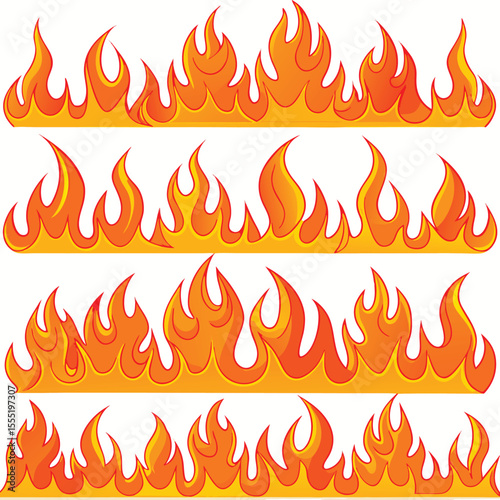 Four Rows of Orange and Yellow Cartoon Flames Fire Graphic Design Elements vector