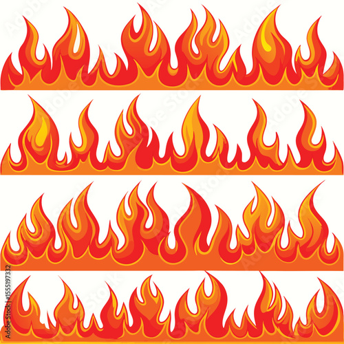 Four Rows of Cartoon Flames Orange Red Yellow Fire Graphic Design Elements vector