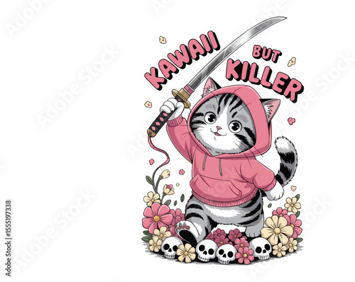 Cute anime cat in streetwear holding a katana. A blend of kawaii charm and deadly attitude in vintage Japanese style. Vector art ideal for t-shirts.