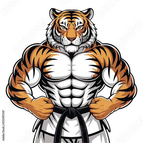 Muscular tiger wearing karate gi powerful mascot illustrating martial arts and strength