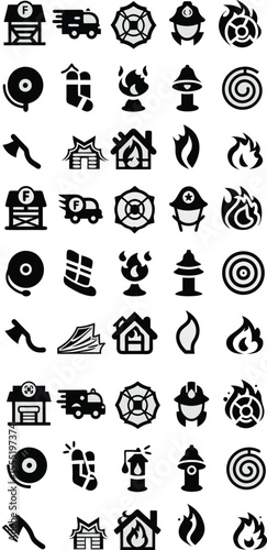 Black and Gray Fire Safety Icons Set Firefighter House Truck Flame Axe firetruck
