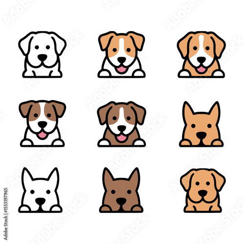 Cute Dogs Illustration Set: Adorable cartoon dogs in various breeds, perfect for pet lovers. The dogs display cheerful expressions and charming poses