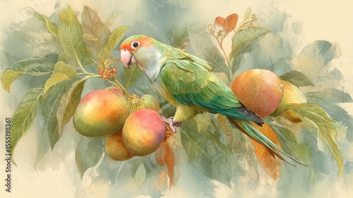 Watercolor illustration of a parrot among mangoes, soft tropical colors, textured paper background, dreamy brushwork