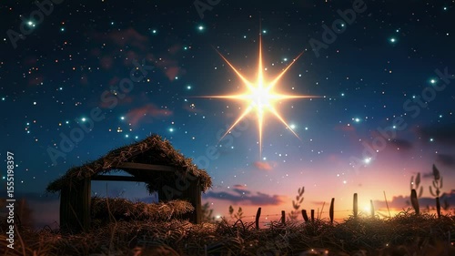 Nativity scene with a bright star over a manger in a field at night, serene and peaceful Christmas illustration