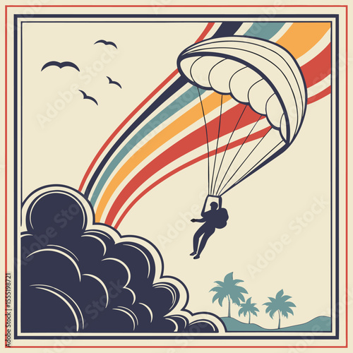 Retro Style Parasailor Descending Colorful Rainbow Cloudscape Palm Trees parasailing