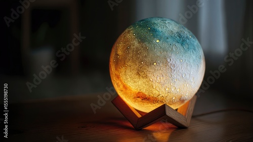 Watercolor moon lamp, soft lunar glow with crater details, hand-painted style, cozy dreamy room