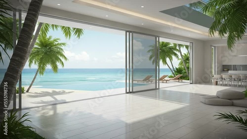 Modern Home Interior View of Tropical Beach and Ocean