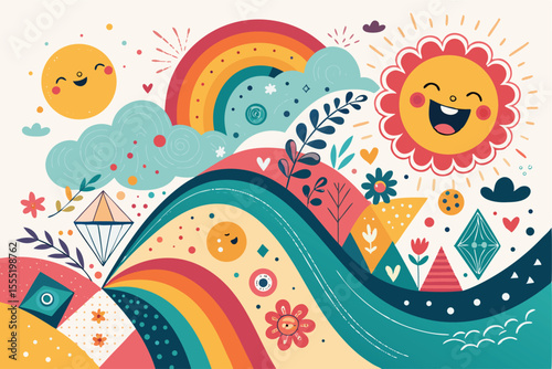 abstract colorful background, Colorful abstract shapes with vibrant, playful, and whimsical design — dynamic composition of geometric patterns with bold colors, movement, and fluid, imaginative expres