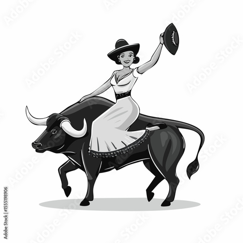 Matador With Bull Vector. Black and white Bull rider Vector Images