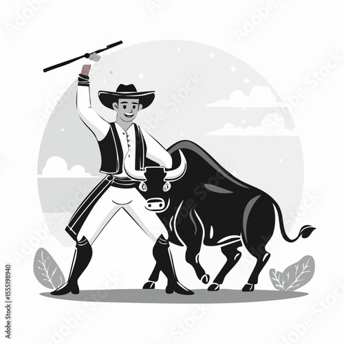Matador With Bull Vector. Black and white Bull rider Vector Images