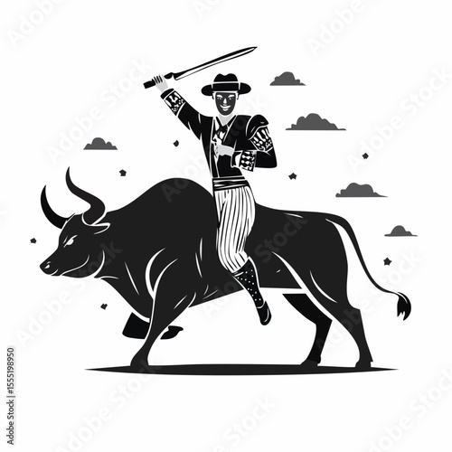 Matador With Bull Vector. Black and white Bull rider Vector Images