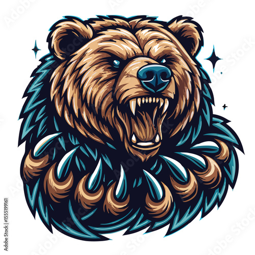 Angry Brown Bear Head Roaring with Sharp Teeth and Teal Claws Illustration grizzly bear