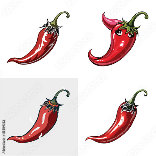 Four Red Chili Peppers Cartoon Illustration Spicy Food Design Elements vector