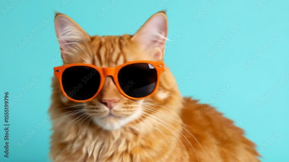 Stylish feline: A cool cat portrait with orange sunglasses on a turquoise background Stylish feline: A cool cat portrait with orange sunglasses on a turquoise background