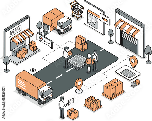 A graphic illustration of an e-commerce delivery system, showing various stages from order to delivery.
