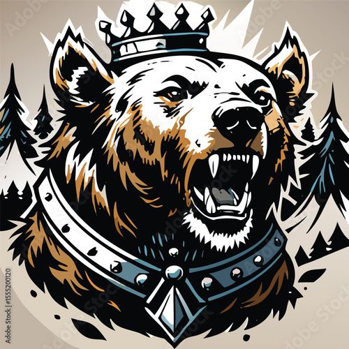 Roaring Brown Bear King Crowned Majestic Forest Background grizzly bear