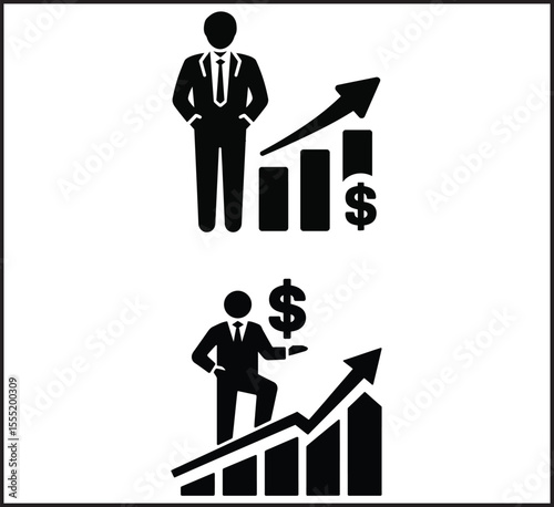 Businessman with Growing Financial Chart and Dollar Signs - Success and Profit Growth Vector Icon Set