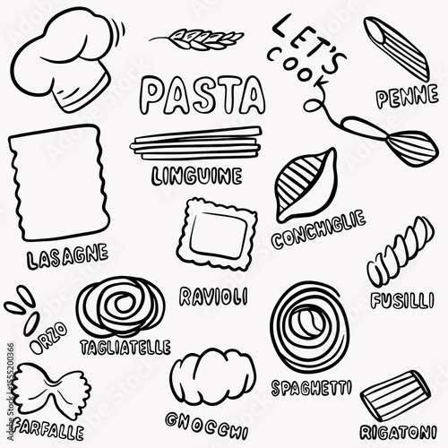 Pasta, doodle, menu, cooking, vector illustration