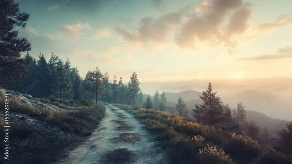 Serene mountain trail winding through lush forest at sunset