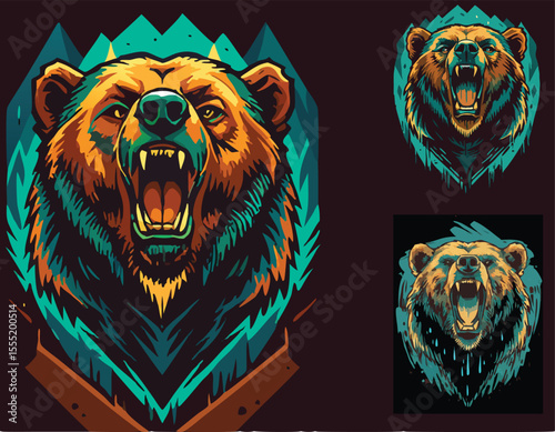 Roaring Brown Bear Head Teal Green Mountain Background Graphic Art grizzly bear roaring bear