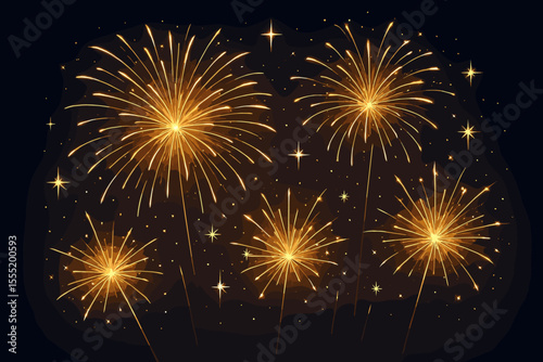 Dazzling Gold Fireworks and Sparkling Light Bursts Illuminating Night Sky Celebration Vector Cartoon Illustration for New Year, Festive Events, Party, Holiday Fireworks Display