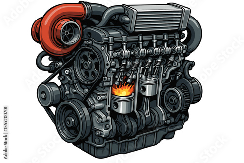 Detailed cross-section of high-performance car engine with turbocharger, combustion process, pistons, crankshaft, and advanced mechanical engineering design, vector cartoon illustration