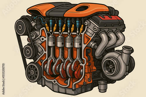 Car engine cross-section vector illustration. High-performance turbocharged motor cutaway showing pistons and crankshaft. Automotive engineering, technology, and car service concept.