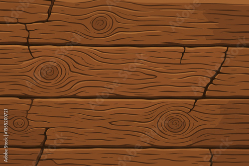 Rustic cartoon wooden background with detailed wood grain and cracked texture. Brown timber planks, natural material vector illustration for game design, digital art, backdrop.